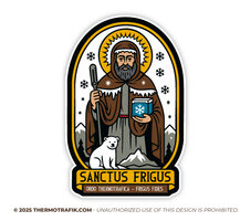Sancta frigus - de heilige van Thermotrafik. Heilige met ijsbeer sticker en thermometer in zijn hand