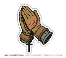 sticker met biddende handen met handschoenen, een rozenkrans en een kruis met van den elsen logo