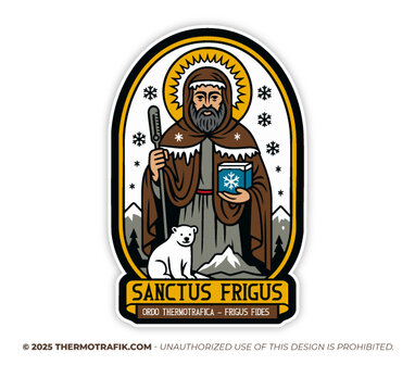 Sancta frigus - de heilige van Thermotrafik. Heilige met ijsbeer sticker en thermometer in zijn hand