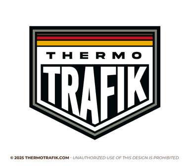 sticker thermo trafik in de vorm van een embleem of badge. zwart wit en kleur